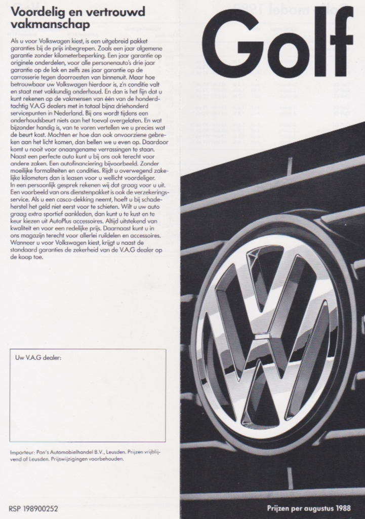 Golf MK2 1989 Price List Brochure (PDF File)